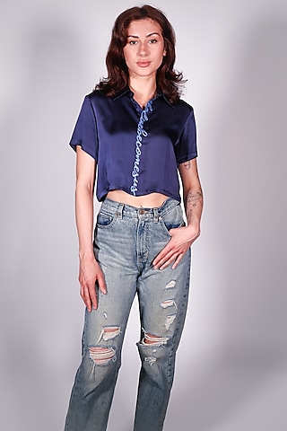 Blue Satin Hand Embroidered Blouse Top by ARYA GIRI