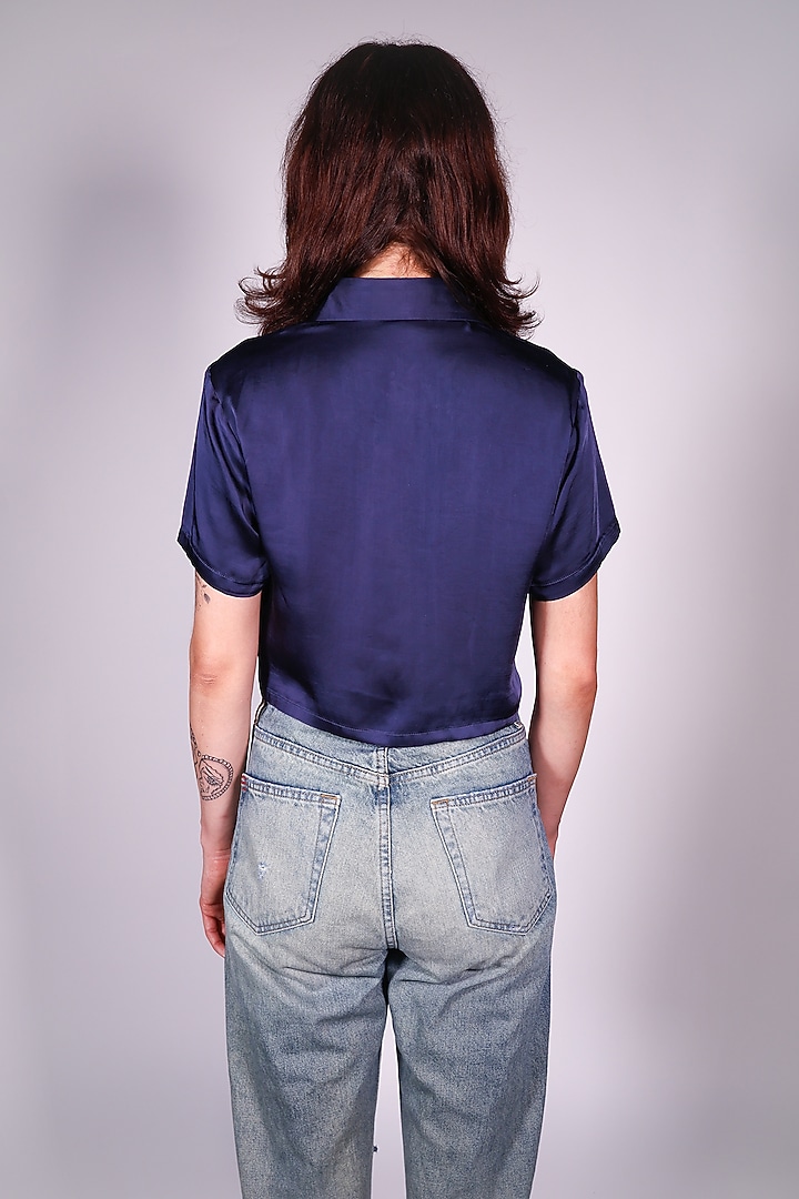Blue Satin Hand Embroidered Blouse Top by ARYA GIRI at Pernia's Pop Up Shop