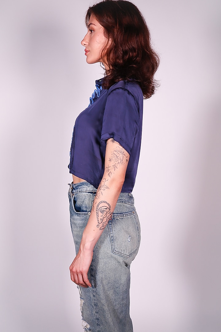 Blue Satin Hand Embroidered Blouse Top by ARYA GIRI at Pernia's Pop Up Shop