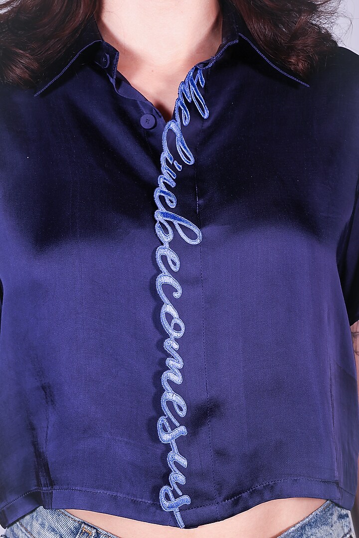 Blue Satin Hand Embroidered Blouse Top by ARYA GIRI at Pernia's Pop Up Shop