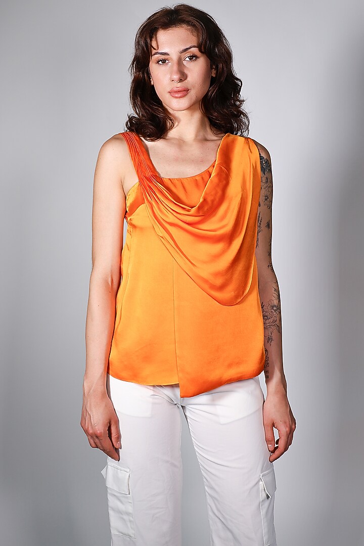 Orange Satin Hand Embroidered Top by ARYA GIRI at Pernia's Pop Up Shop
