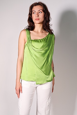 Green Satin Sleeveless Top by ARYA GIRI