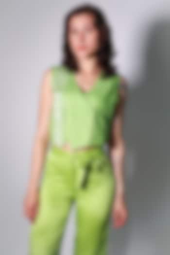 Green Linen Hand Embroidered Waistcoat by ARYA GIRI at Pernia's Pop Up Shop