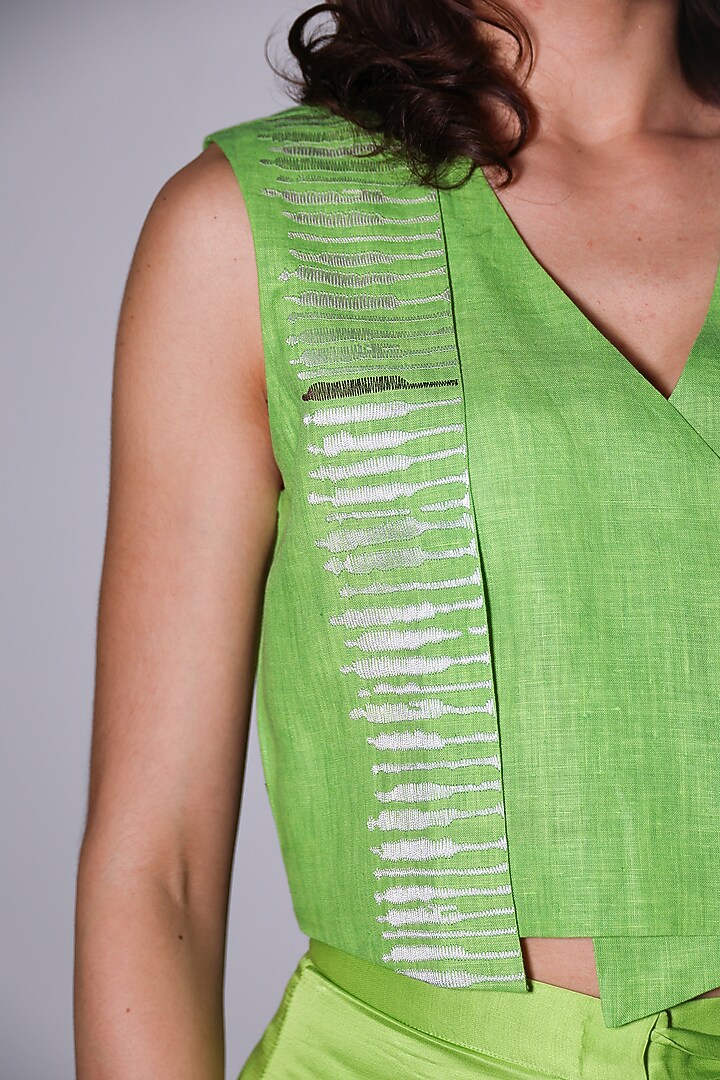 Green Linen Hand Embroidered Waistcoat by ARYA GIRI at Pernia's Pop Up Shop