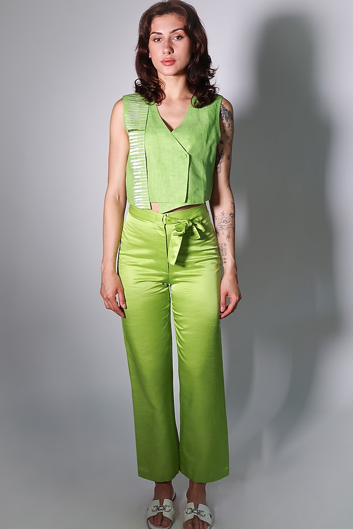 Green Linen Hand Embroidered Waistcoat by ARYA GIRI at Pernia's Pop Up Shop