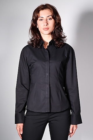 Black Poplin Hand Embroidered Shirt by arya giri