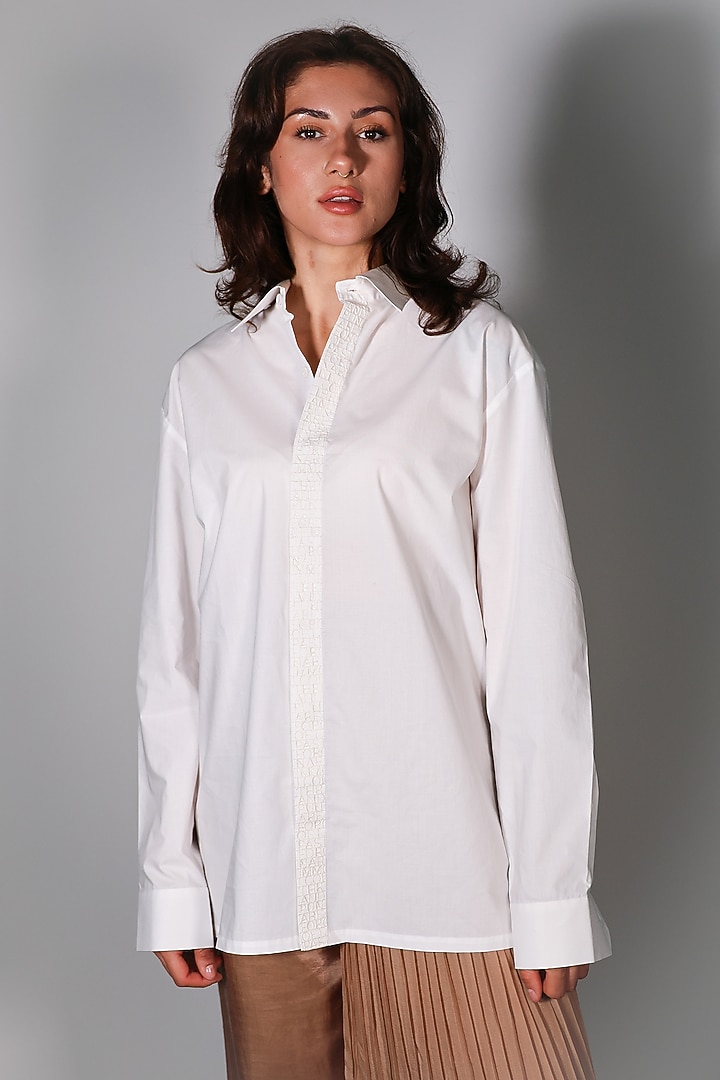 White Poplin Hand Embroidered Shirt by ARYA GIRI at Pernia's Pop Up Shop