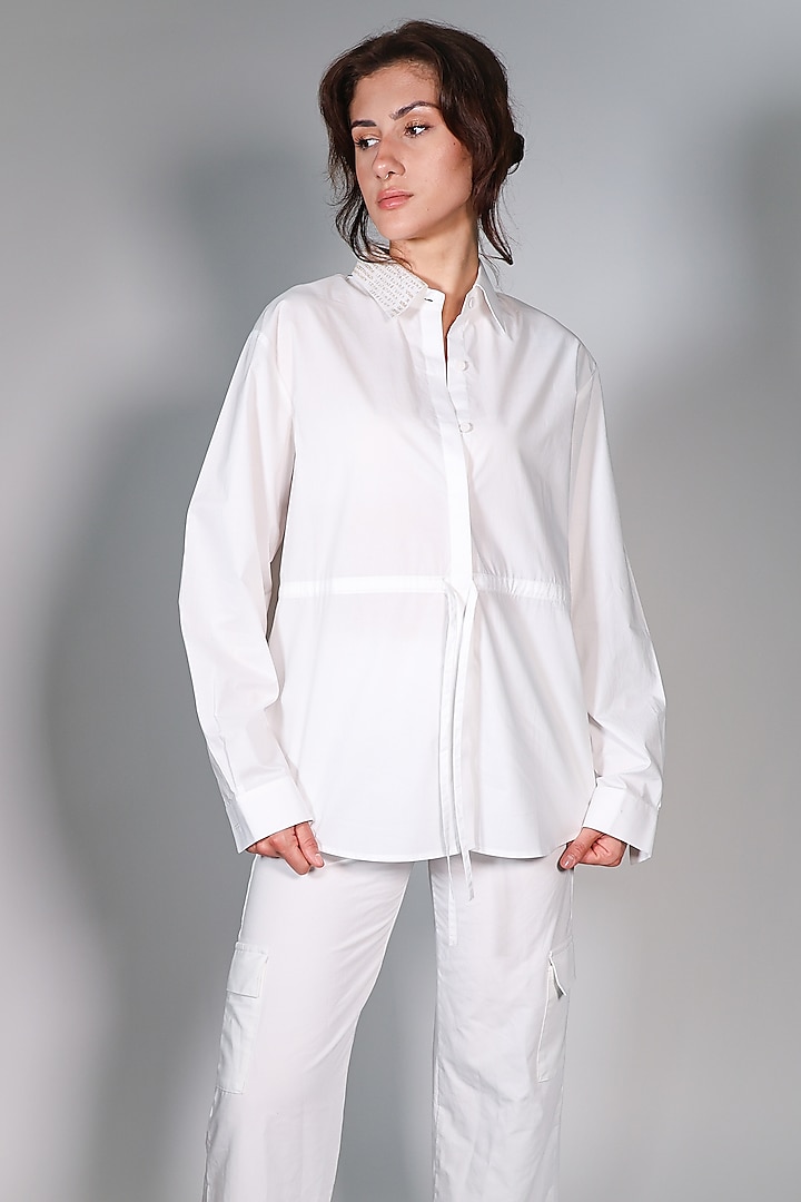 White Poplin Hand Embroidered Shirt by ARYA GIRI at Pernia's Pop Up Shop
