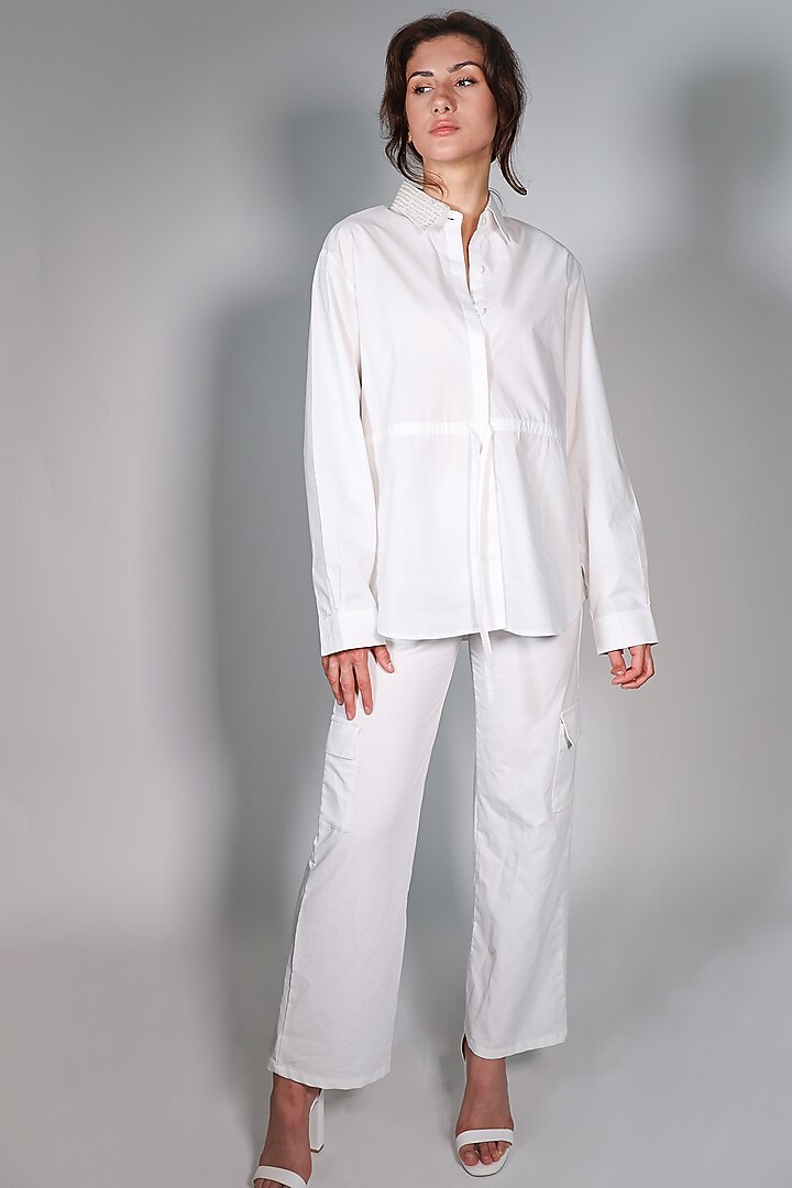 White Poplin Hand Embroidered Shirt by ARYA GIRI at Pernia's Pop Up Shop