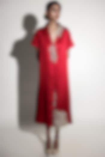 Red Linen Satin Hand Embroidered Midi Shirt Summer Dress by ARYA GIRI at Pernia's Pop Up Shop