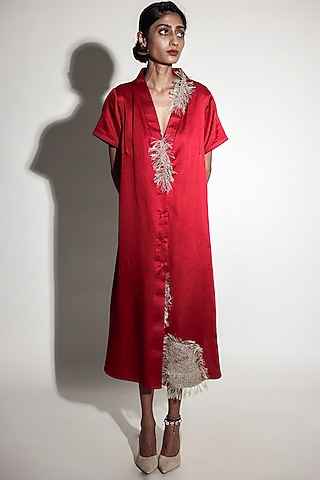 Red Linen Satin Hand Embroidered Midi Shirt Dress by ARYA GIRI