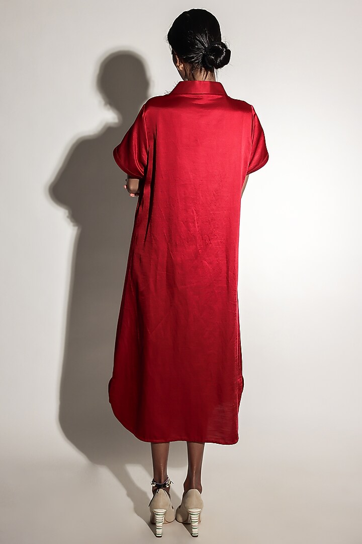 Red Linen Satin Hand Embroidered Midi Shirt Summer Dress by ARYA GIRI at  Pernia's Pop Up Shop