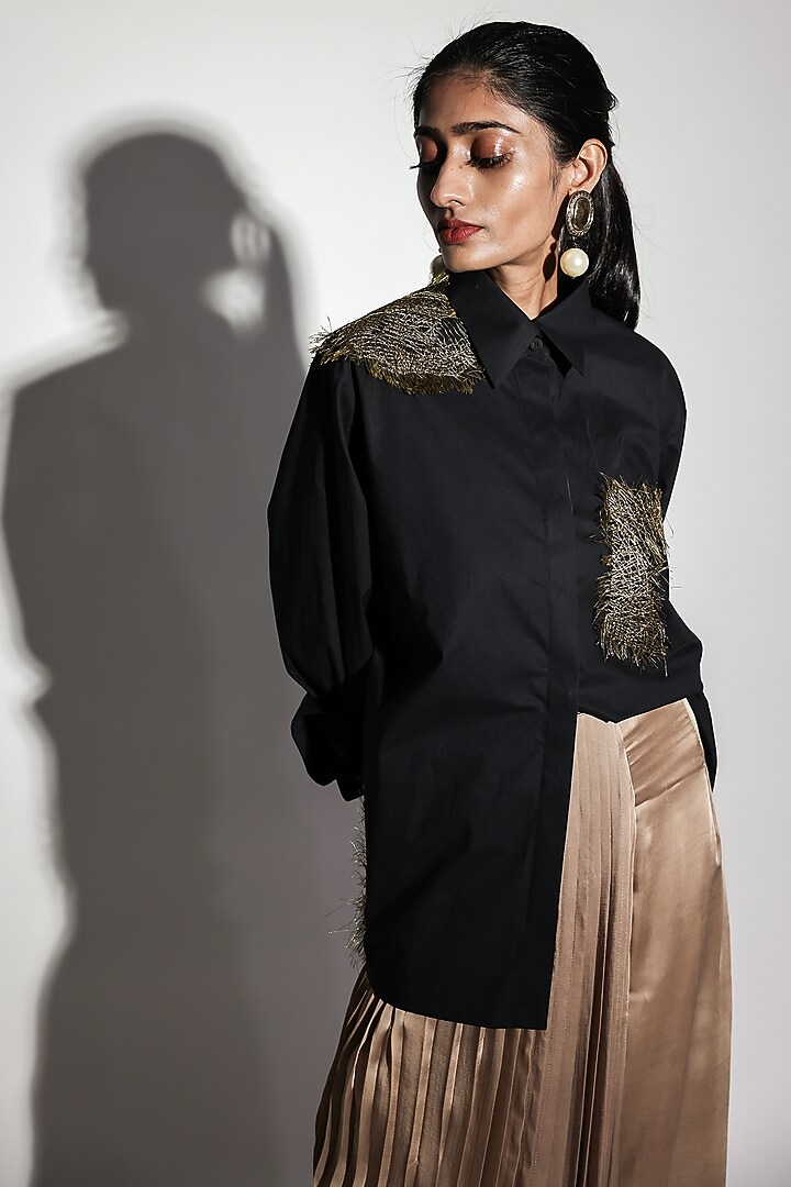 Black Poplin Hand Embroidered Shirt by ARYA GIRI at Pernia's Pop Up Shop