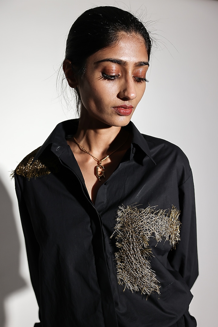 Black Poplin Hand Embroidered Shirt by ARYA GIRI at Pernia's Pop Up Shop