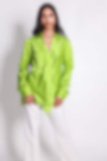 Green Linen Satin Hand Embroidered Draped Shirt by ARYA GIRI at Pernia's Pop Up Shop