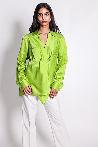 Green Linen Satin Hand Embroidered Draped Shirt by ARYA GIRI