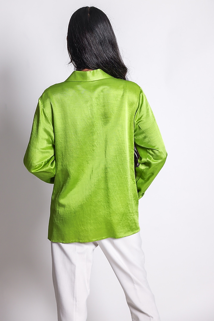 Green Linen Satin Hand Embroidered Draped Shirt by ARYA GIRI at Pernia's Pop Up Shop
