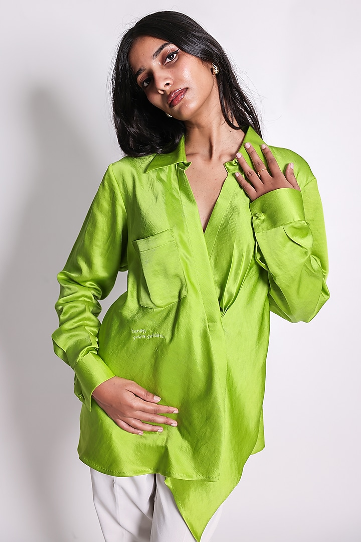 Green Linen Satin Hand Embroidered Draped Shirt by ARYA GIRI at Pernia's Pop Up Shop