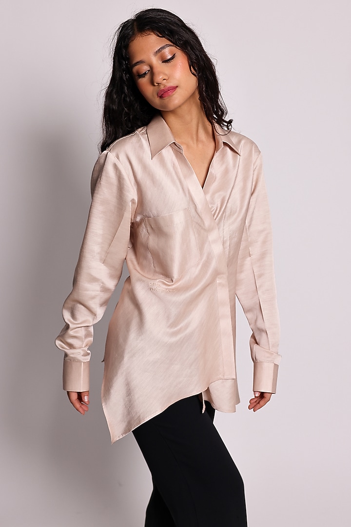 Ivory Linen Satin Hand Embroidered Draped Shirt by ARYA GIRI at Pernia's Pop Up Shop
