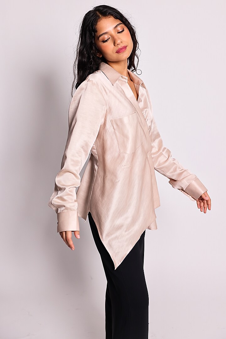 Ivory Linen Satin Hand Embroidered Draped Shirt by ARYA GIRI at Pernia's Pop Up Shop
