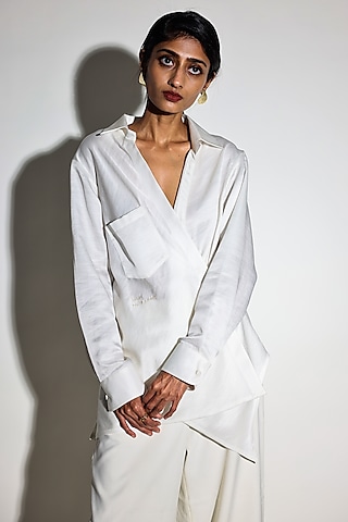 White Linen Satin Hand Embroidered Draped Shirt by ARYA GIRI