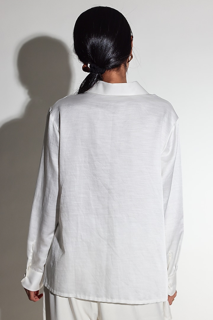 White Linen Satin Hand Embroidered Draped Shirt by ARYA GIRI at Pernia's Pop Up Shop