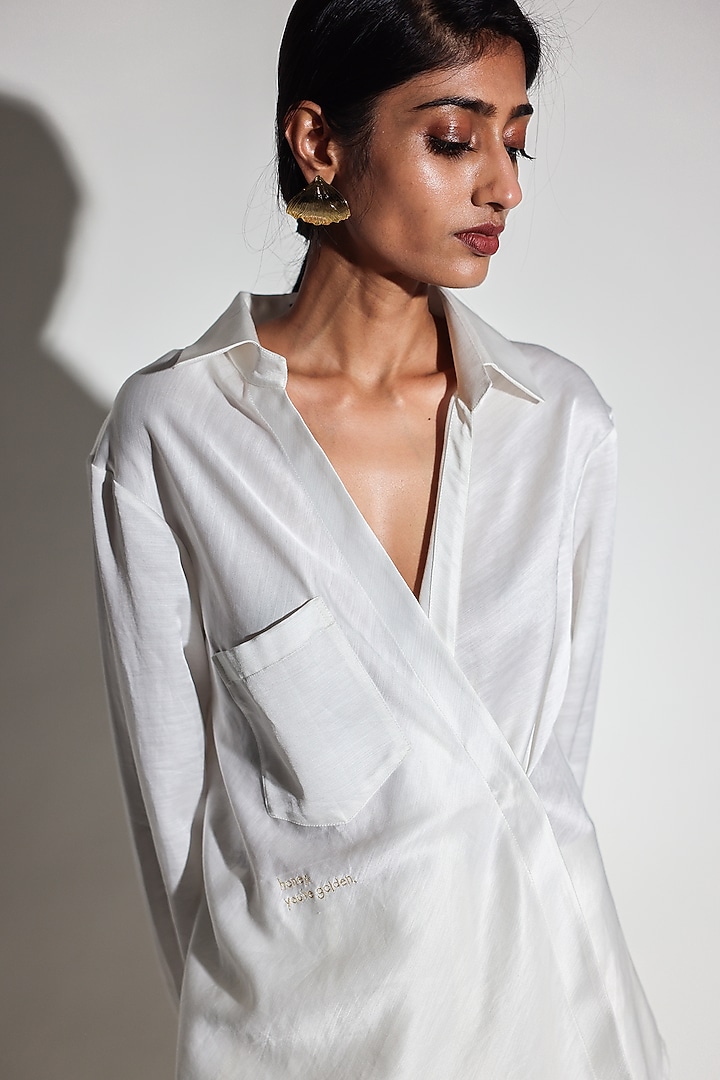 White Linen Satin Hand Embroidered Draped Shirt by ARYA GIRI at Pernia's Pop Up Shop
