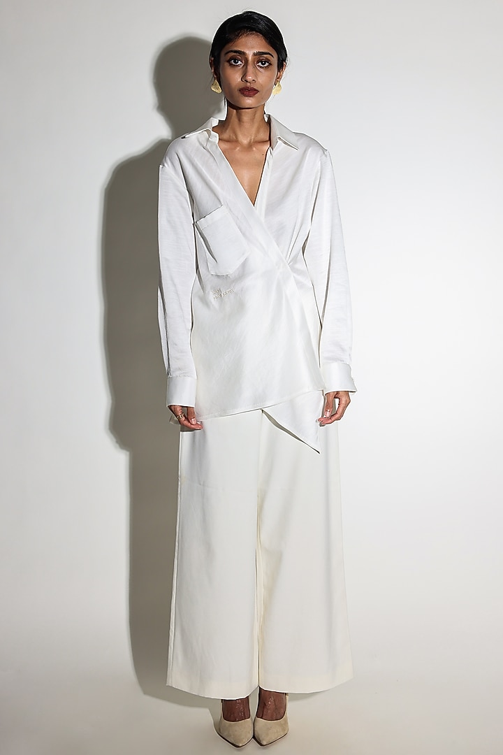White Linen Satin Hand Embroidered Draped Shirt by ARYA GIRI at Pernia's Pop Up Shop