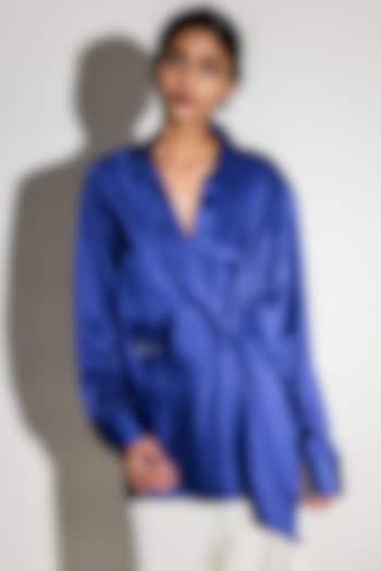 Blue Linen Satin Hand Embroidered Draped Shirt by ARYA GIRI at Pernia's Pop Up Shop