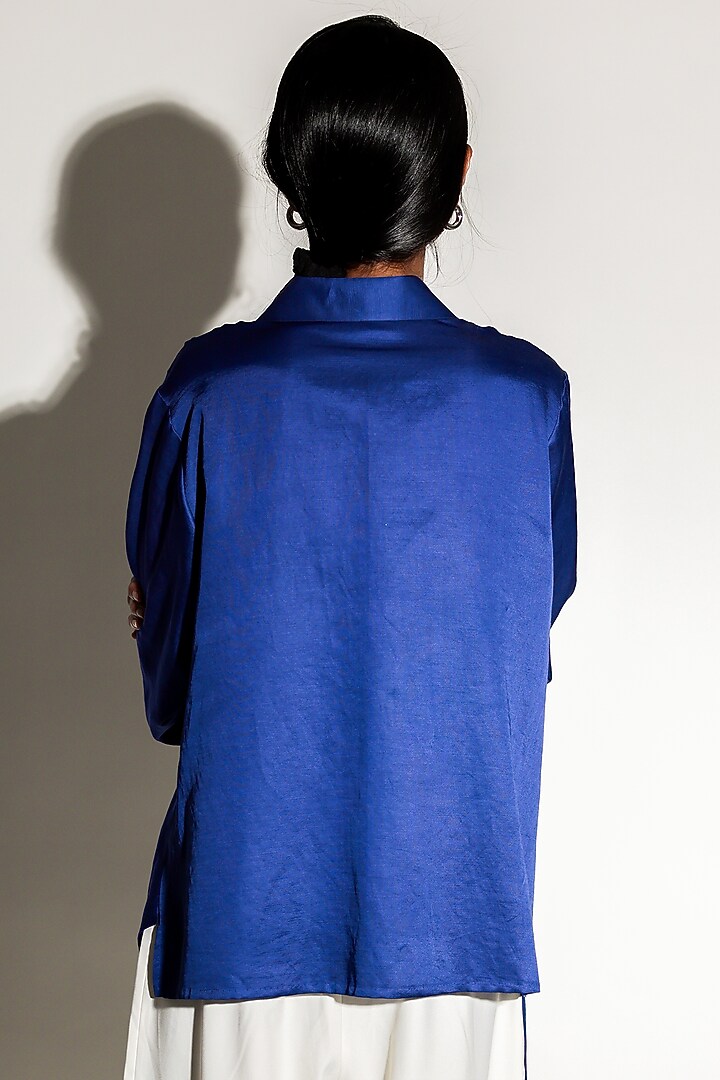 Blue Linen Satin Hand Embroidered Draped Shirt by ARYA GIRI at Pernia's Pop Up Shop