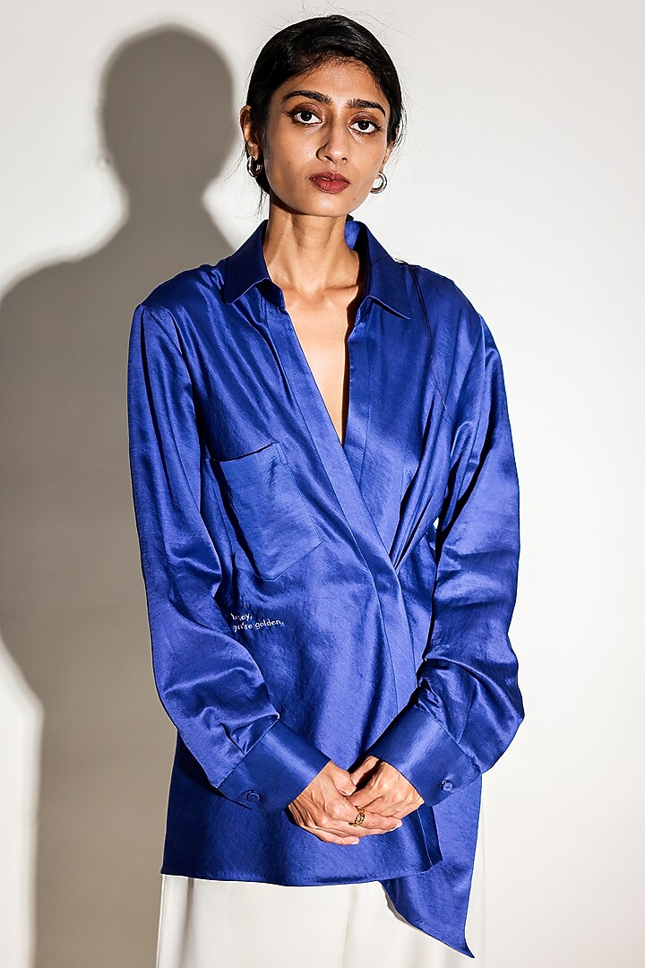 Blue Linen Satin Hand Embroidered Draped Shirt by ARYA GIRI at Pernia's Pop Up Shop