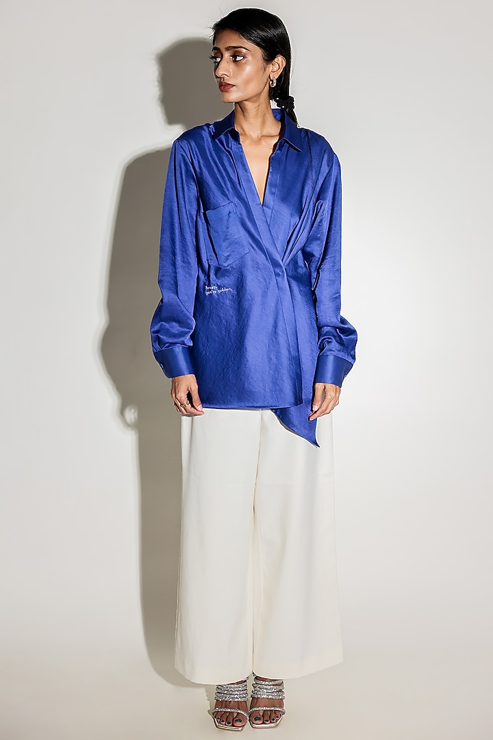 Blue Linen Satin Hand Embroidered Draped Shirt by ARYA GIRI at Pernia's Pop Up Shop