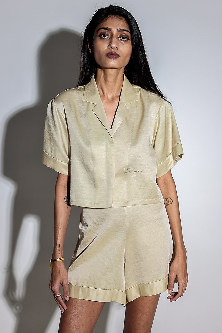 Beige Linen Satin Hand Embroidered Co-Ord Set by ARYA GIRI at Pernia's Pop Up Shop