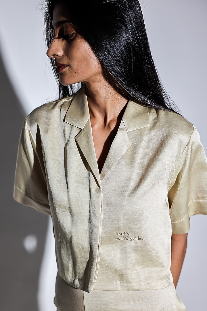 Beige Linen Satin Hand Embroidered Co-Ord Set by ARYA GIRI at Pernia's Pop Up Shop