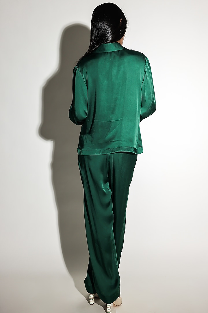 Green Linen Satin Hand Embroidered Co-Ord Set by ARYA GIRI at Pernia's Pop Up Shop