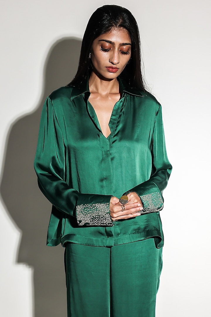 Green Linen Satin Hand Embroidered Co-Ord Set by ARYA GIRI at Pernia's Pop Up Shop