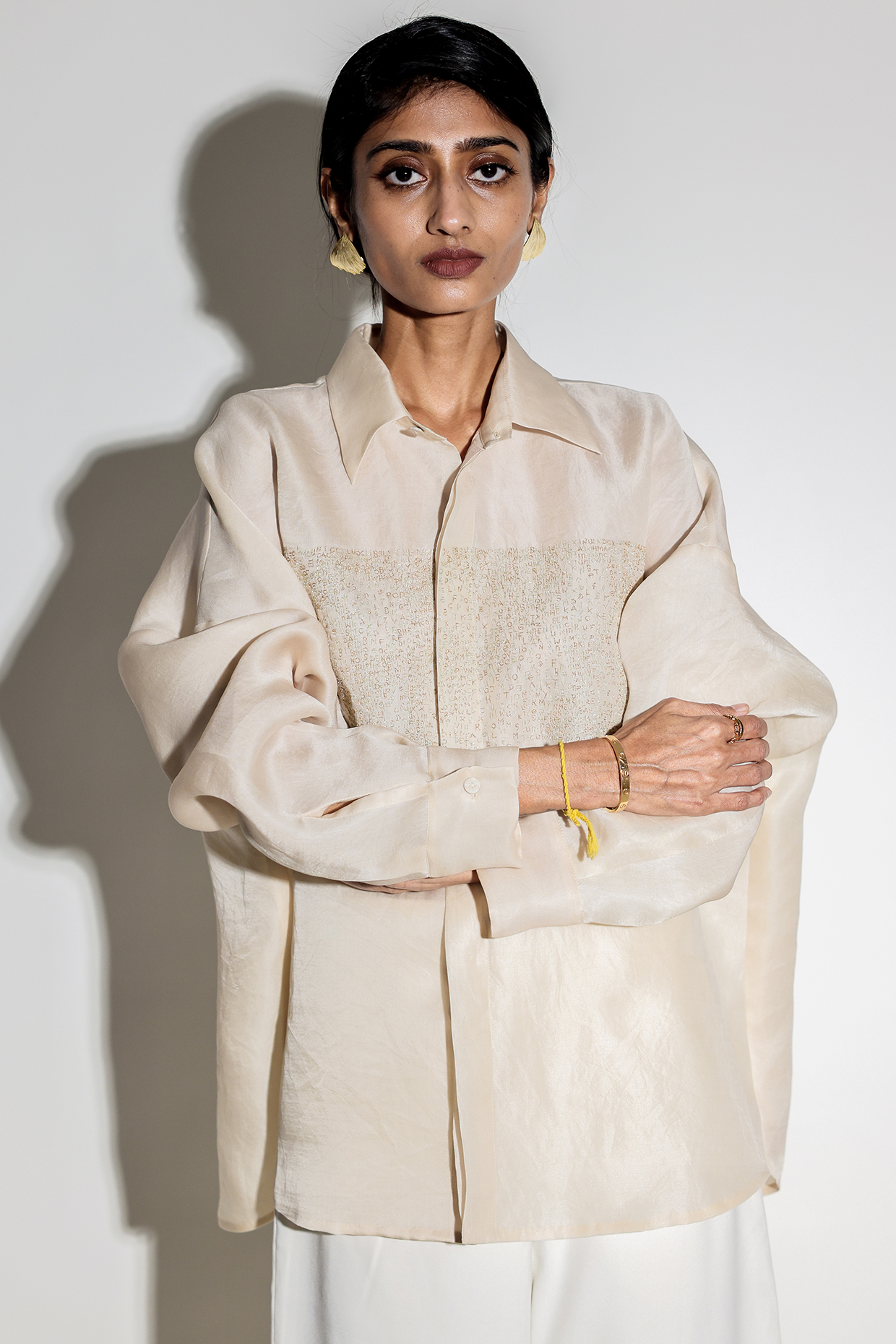 Ivory Silk Organza Hand Embroidered Shirt by ARYA GIRI at Pernia's Pop Up Shop
