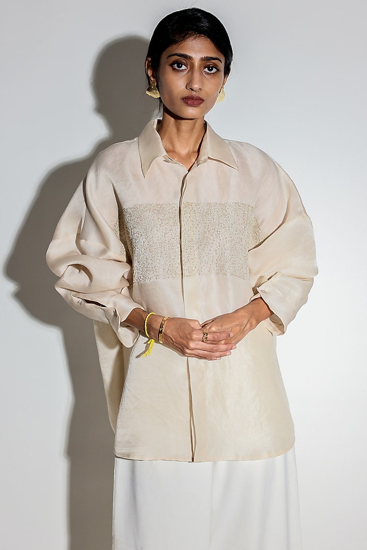 Ivory Silk Organza Hand Embroidered Shirt by ARYA GIRI at Pernia's Pop Up Shop