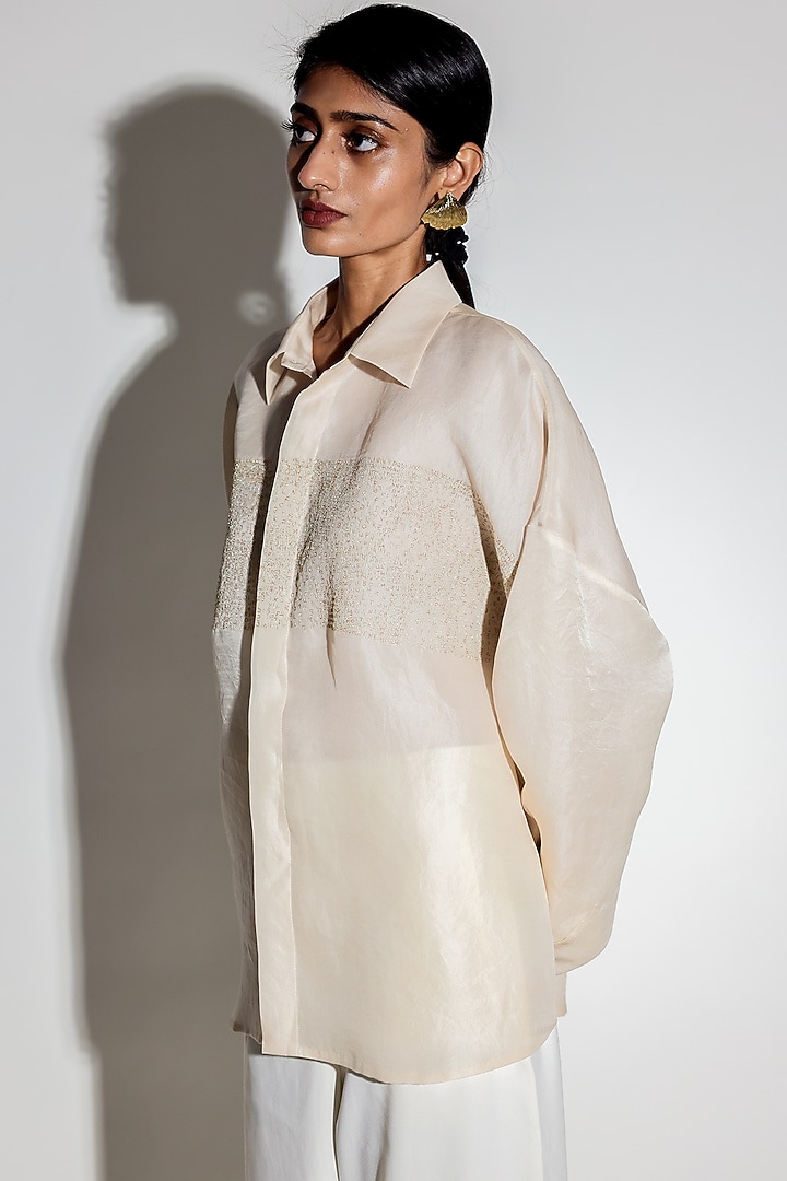 Ivory Silk Organza Hand Embroidered Shirt by ARYA GIRI at Pernia's Pop Up Shop