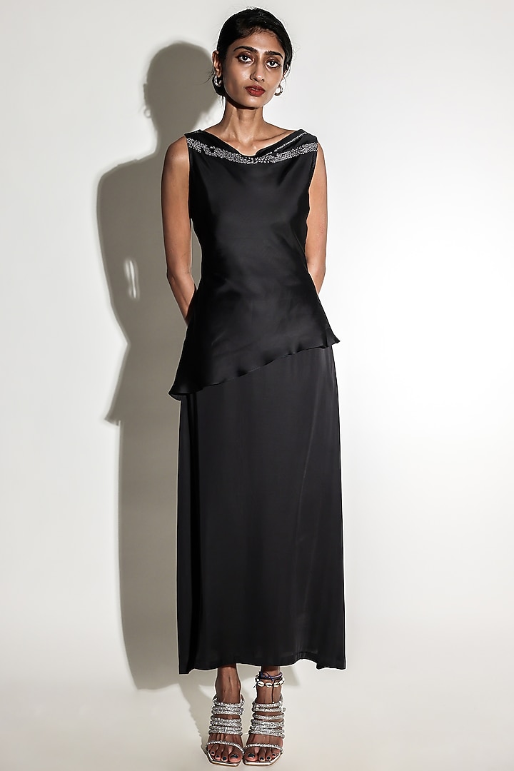 Black Satin Hand Embroidered Co-Ord Set by ARYA GIRI at Pernia's Pop Up Shop