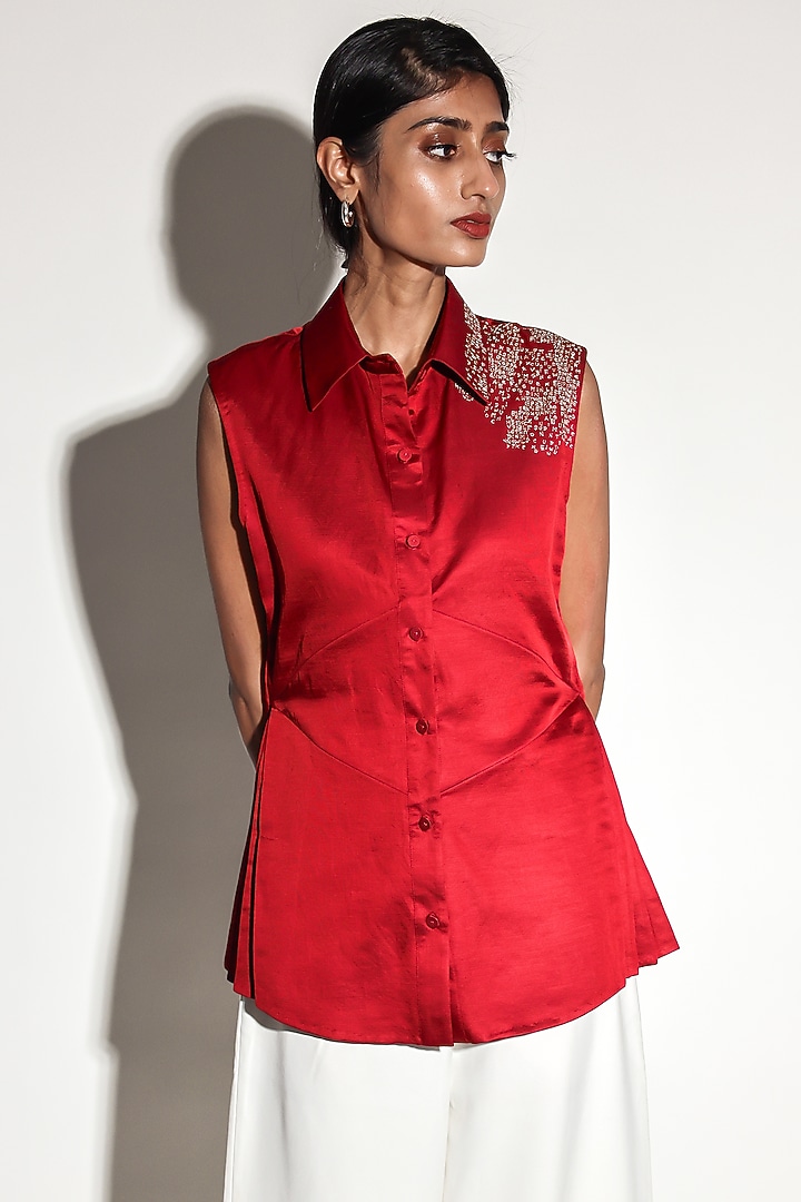 Red Linen Satin Hand Embroidered Top by ARYA GIRI at Pernia's Pop Up Shop