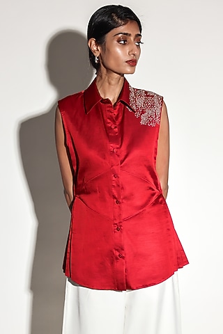 Red Linen Satin Hand Embroidered Top by ARYA GIRI