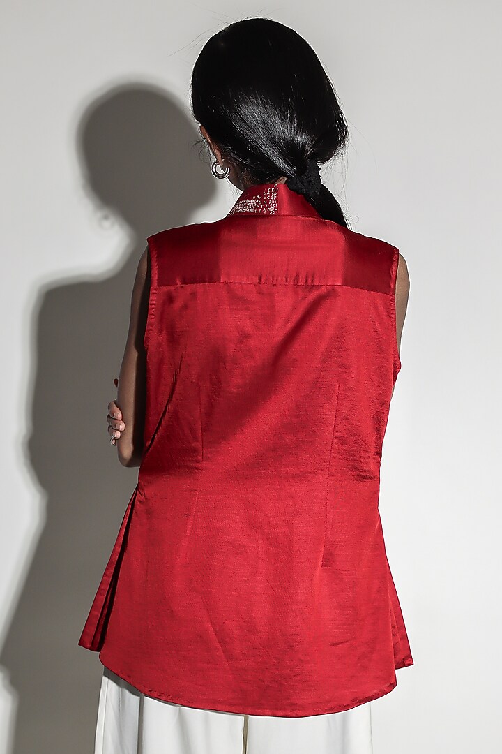 Red Linen Satin Hand Embroidered Top by ARYA GIRI at Pernia's Pop Up Shop