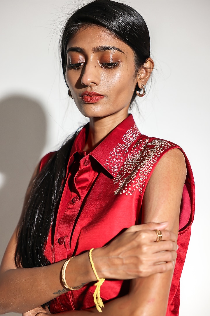Red Linen Satin Hand Embroidered Top by ARYA GIRI at Pernia's Pop Up Shop