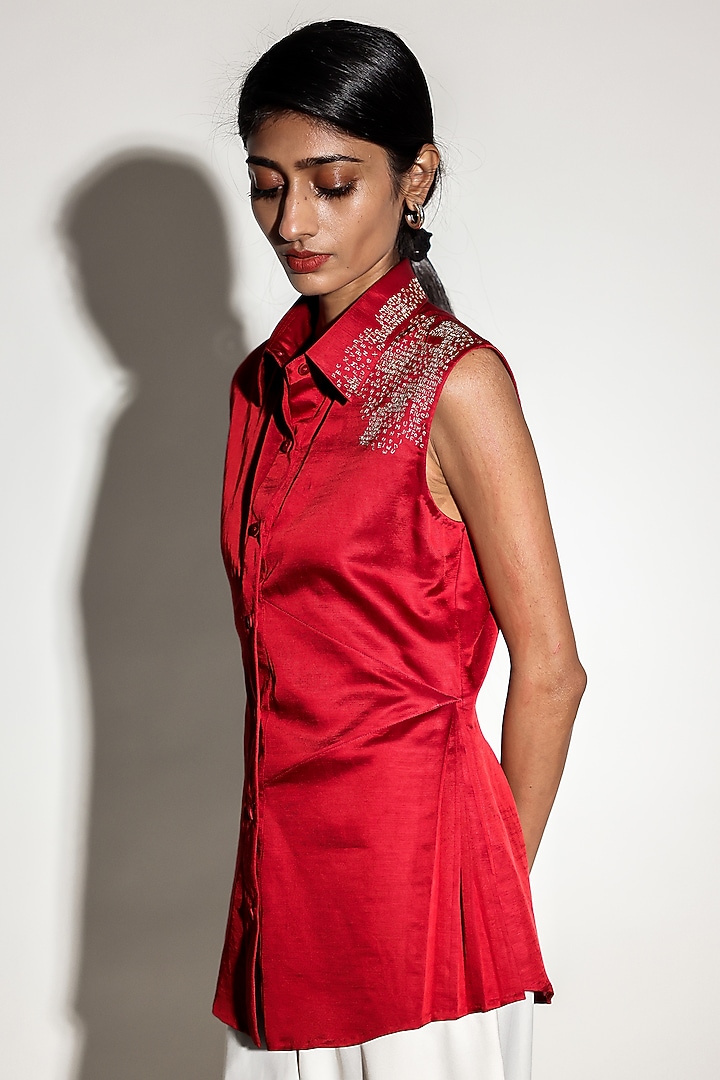 Red Linen Satin Hand Embroidered Top by ARYA GIRI at Pernia's Pop Up Shop