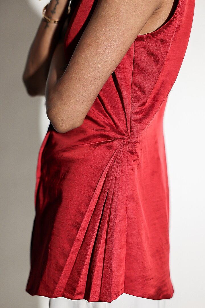 Red Linen Satin Hand Embroidered Top by ARYA GIRI at Pernia's Pop Up Shop