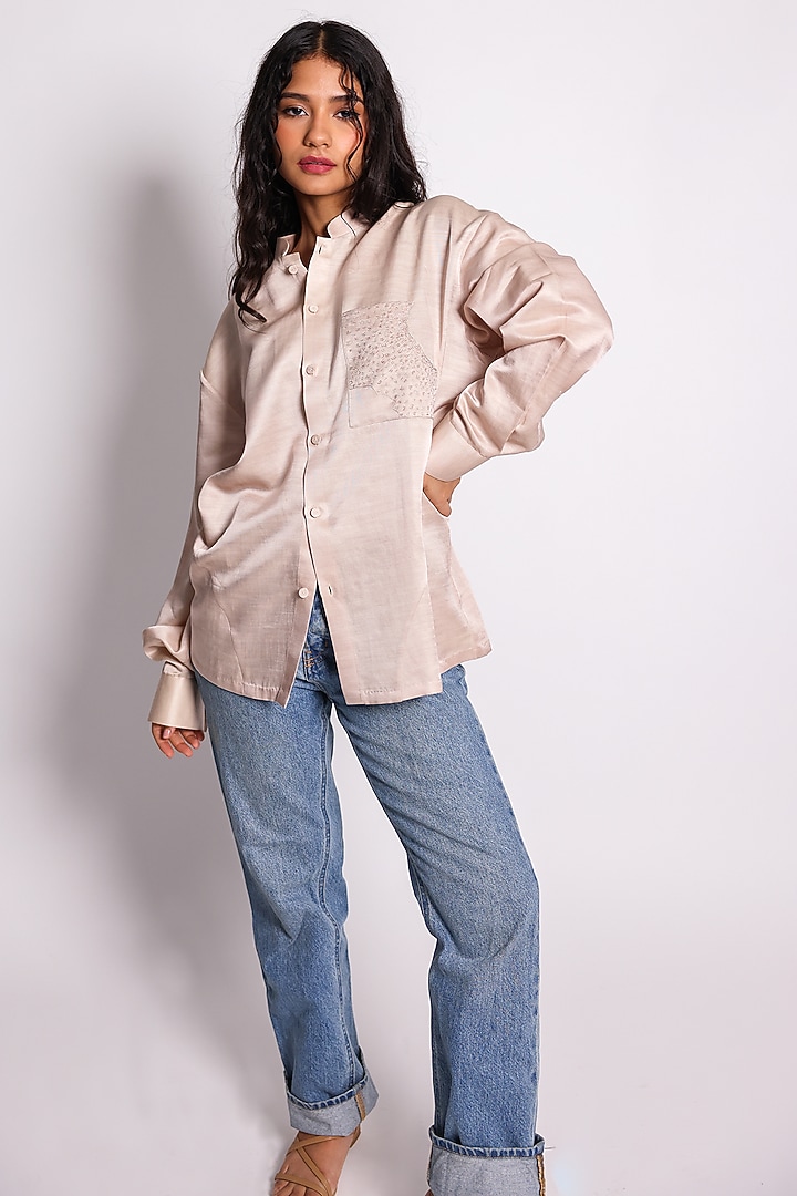 Ivory Linen Satin Hand Embroidered Shirt by ARYA GIRI at Pernia's Pop Up Shop