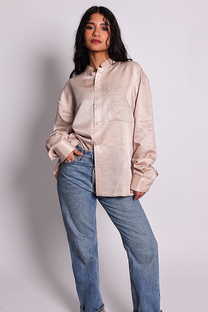 Ivory Linen Satin Hand Embroidered Shirt by ARYA GIRI at Pernia's Pop Up Shop
