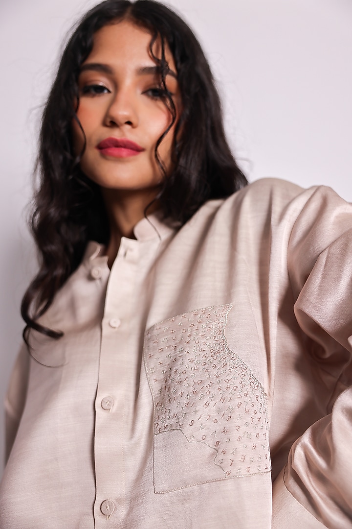 Ivory Linen Satin Hand Embroidered Shirt by ARYA GIRI at Pernia's Pop Up Shop