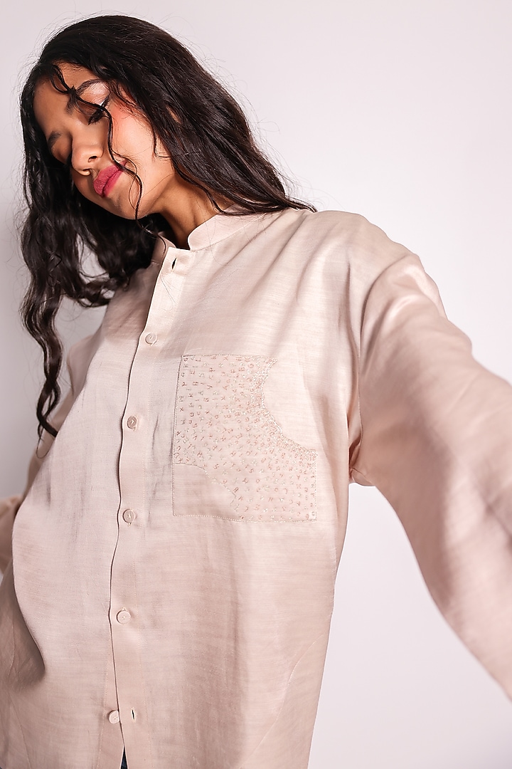Ivory Linen Satin Hand Embroidered Shirt by ARYA GIRI at Pernia's Pop Up Shop